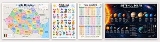 Planșe educative pe canvas: Harta României, Alfabetul, Tabla Înmulțirii, Sistemul Solar