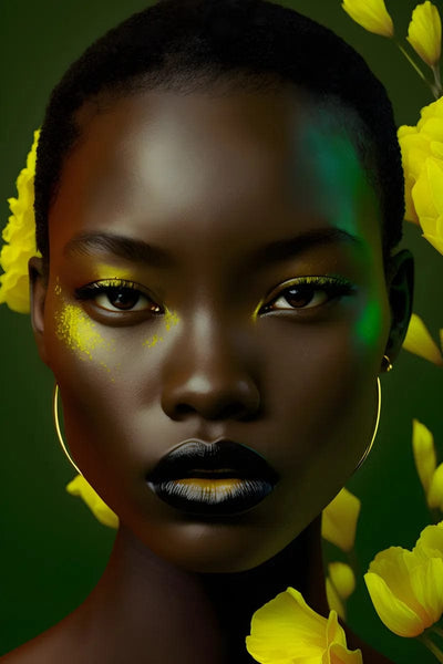 Tablou decorativ - Portret cu flori galbene si ruj negru Afro 107
