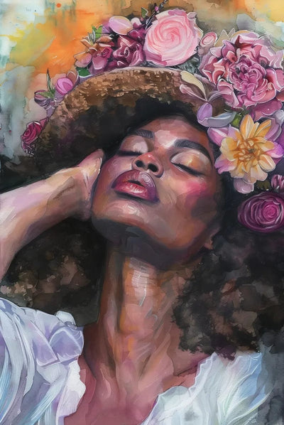 Tablou decorativ - Coroana de flori roz si palarie de paie Afro 003