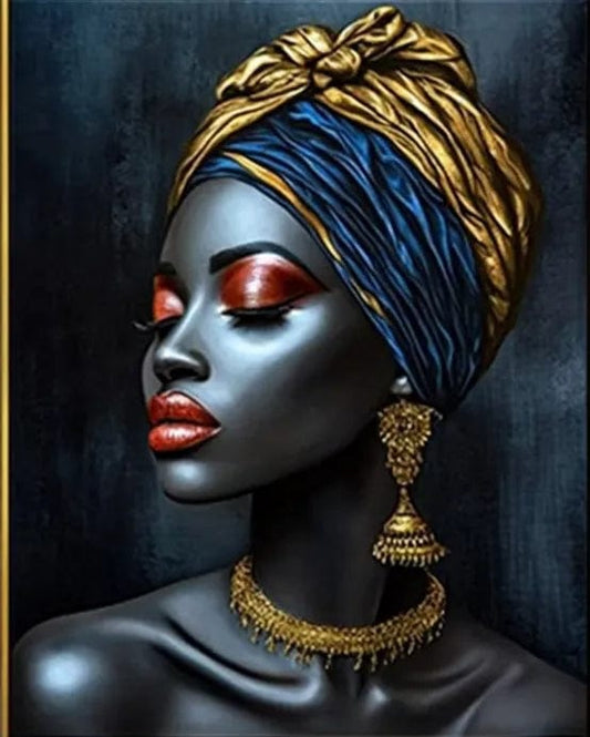 Tablou Canvas - Femeie africana cu turban auriu albastru