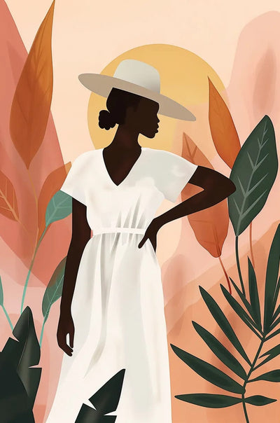 Tablou decorativ - Silueta in rochie alba cu frunze tropicale Afro 002
