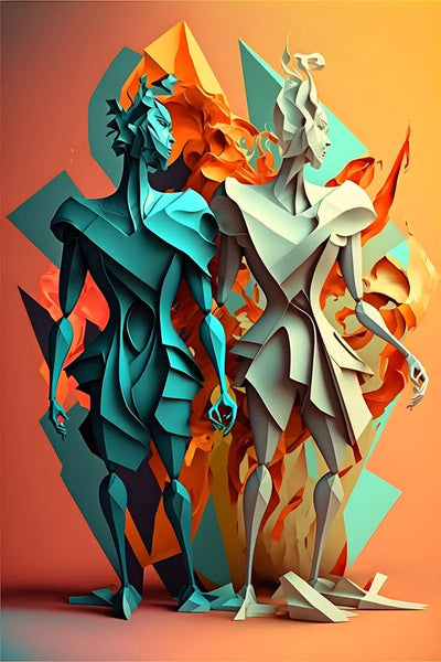 Tablou decorativ - Doua siluete in turcoaz si portocaliu Abstract 3D 57