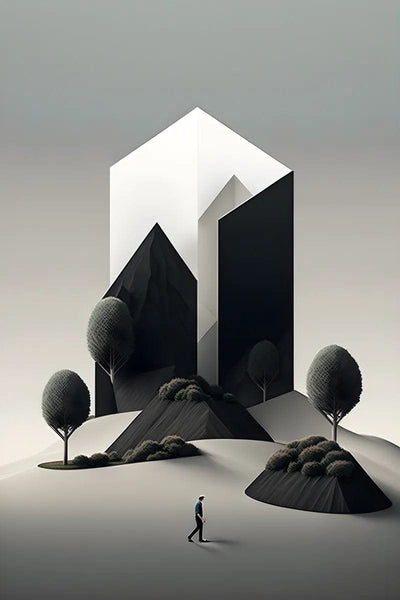 Tablou decorativ - Doua blocuri negre in peisaj minimal Abstract 3D 126