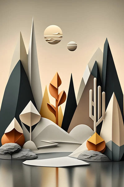 Tablou decorativ - Peisaj geometric cu munti si luni Abstract 3D 111