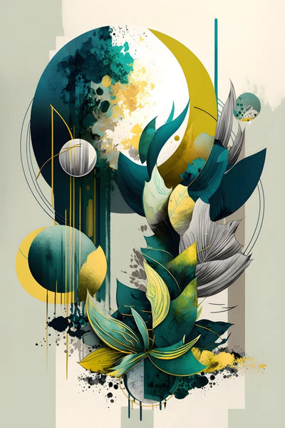 Tablou decorativ - Frunze turcoaz si accente galbene Abstract 3D 109