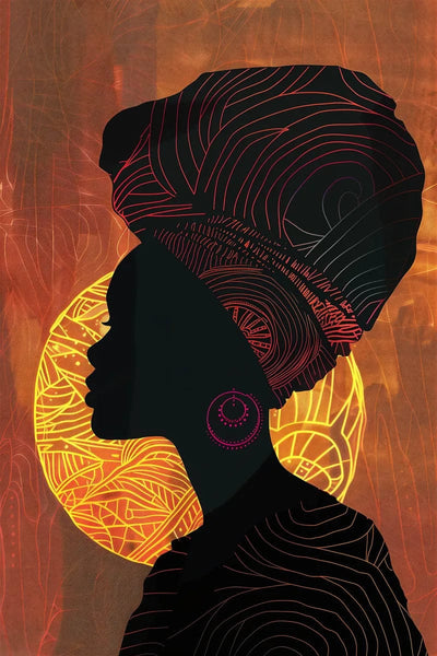 Tablou decorativ - Silueta cu turban si cercuri aurii Afro 25