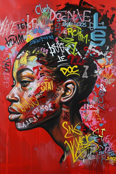 Tablou decorativ - Profil cu graffiti pe fundal rosu Afro 144