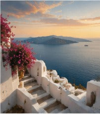 Tablou decorativ Santorini cu bougainvillea roz