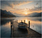 Tablou decorativ barca la ponton pe lac la rasarit