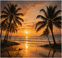 Tablou decorativ palmieri pe plaja la apus tropical