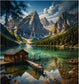 Tablou decorativ cabana de lemn pe lac turcoaz de munte