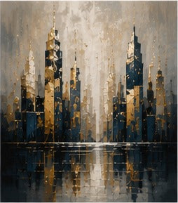 Tablou oras abstract cu zgarie-nori albastru-aurii oglinditi in apa