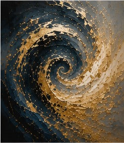 Tablou abstract spirala albastra cu miez auriu si stropi de aur