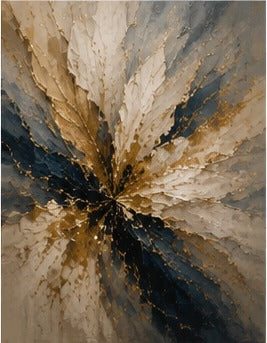 Tablou abstract explozie de petale crem albastre si aurii