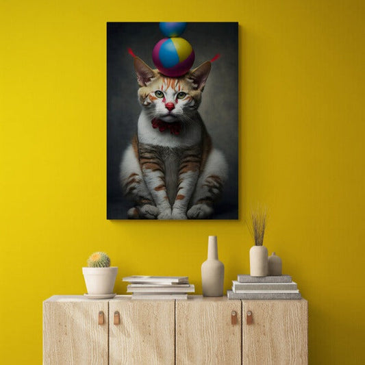 Tablou canvas - Cat with a ball on her head