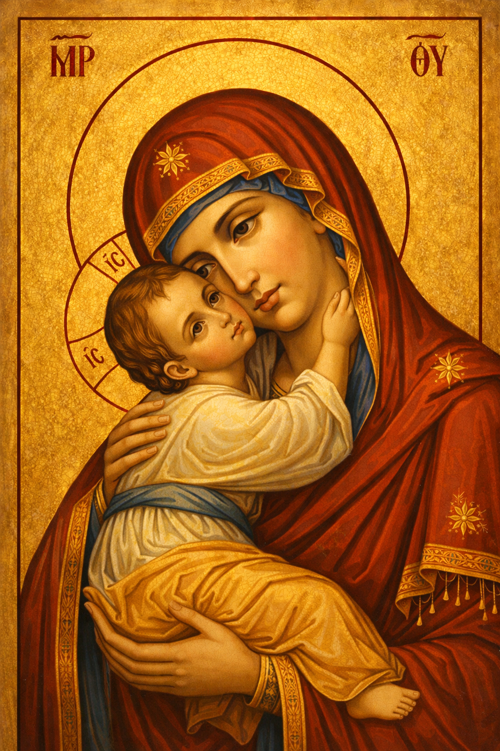 Icoana pe panza - Maica Domnului Eleusa (a Îndurării / Dulcea Sărutare)