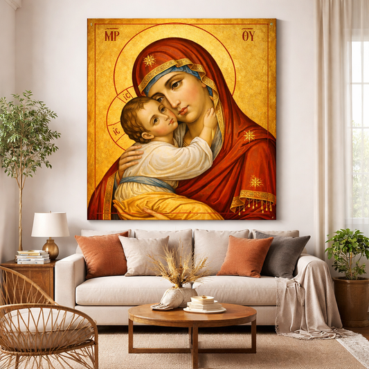 Icoana pe panza - Maica Domnului Eleusa (a Îndurării / Dulcea Sărutare)