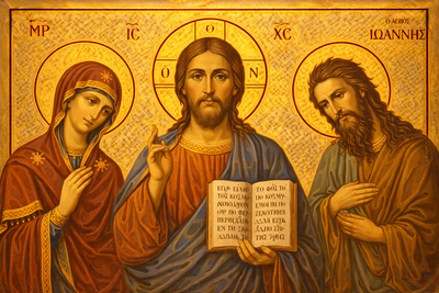 Icoană - Deisis: Hristos Pantocrator cu Maica Domnului și Sfântul Ioan Botezătorul