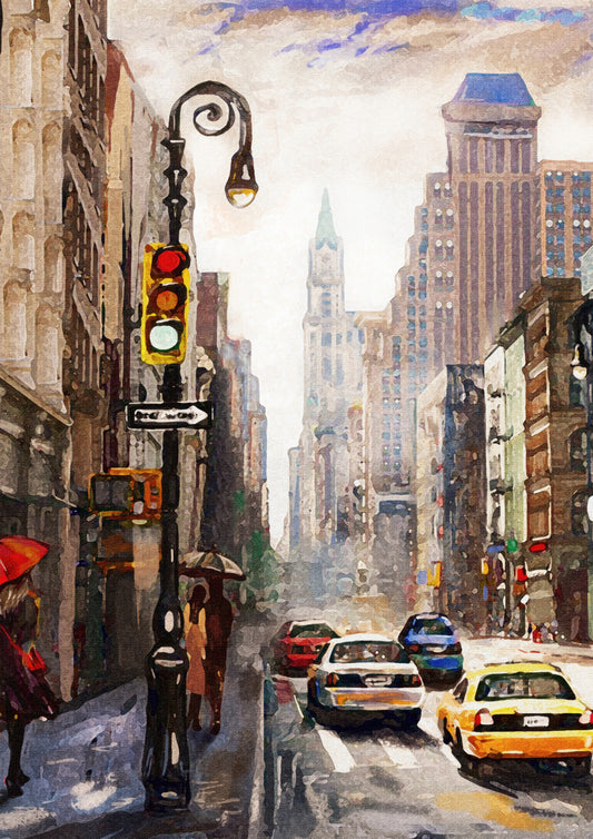Tablou decorativ cu strada din New York pe ploaie cu taxiuri galbene
