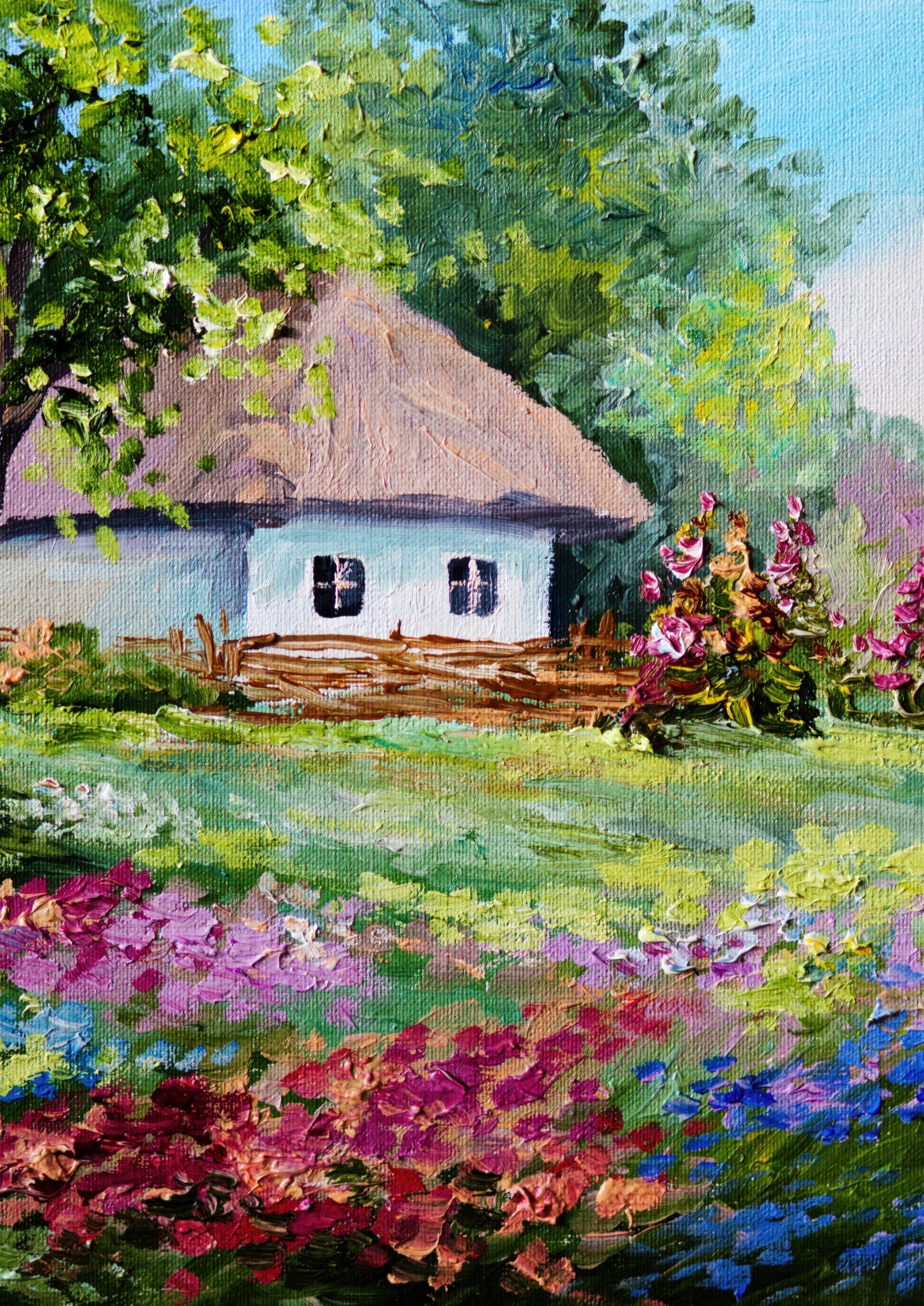 Tablou decorativ cu casuta rurala alba si gradina cu flori
