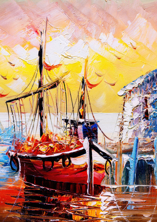 Tablou decorativ cu corabie cu panze in port la apus