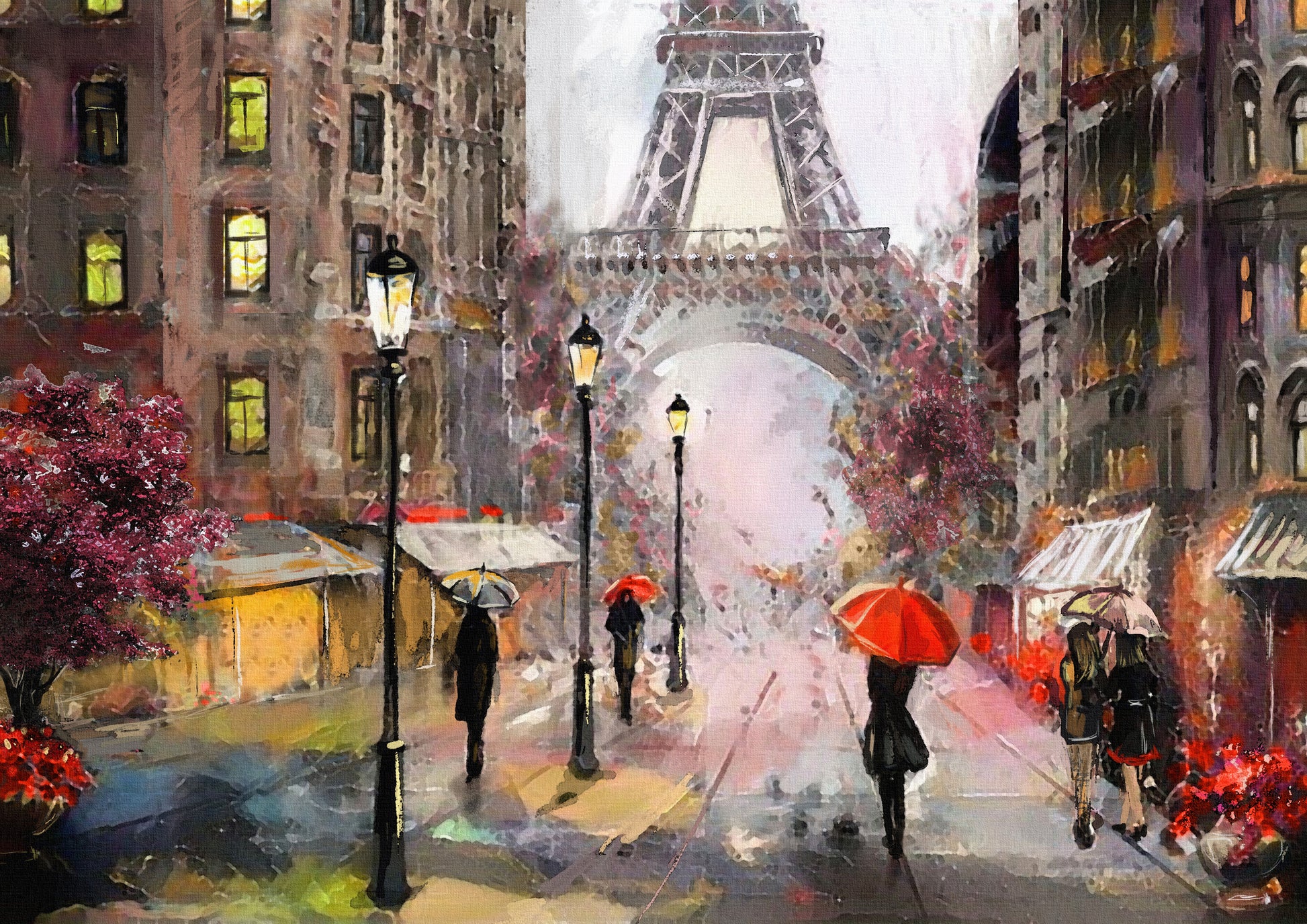Tablou decorativ cu bulevard parizian pe ploaie si Turnul Eiffel