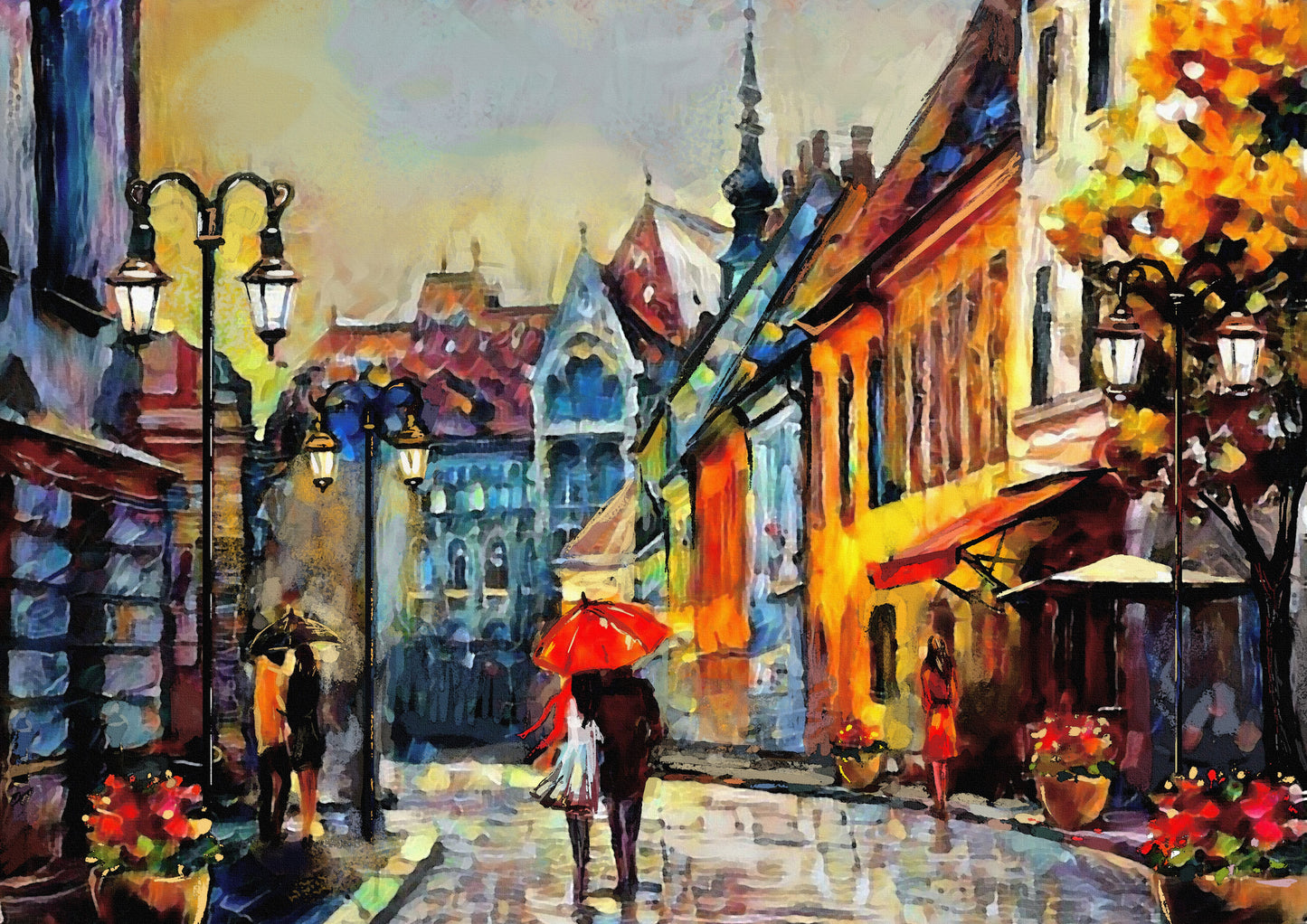 Tablou decorativ cu strada europeana si trecatori cu umbrele
