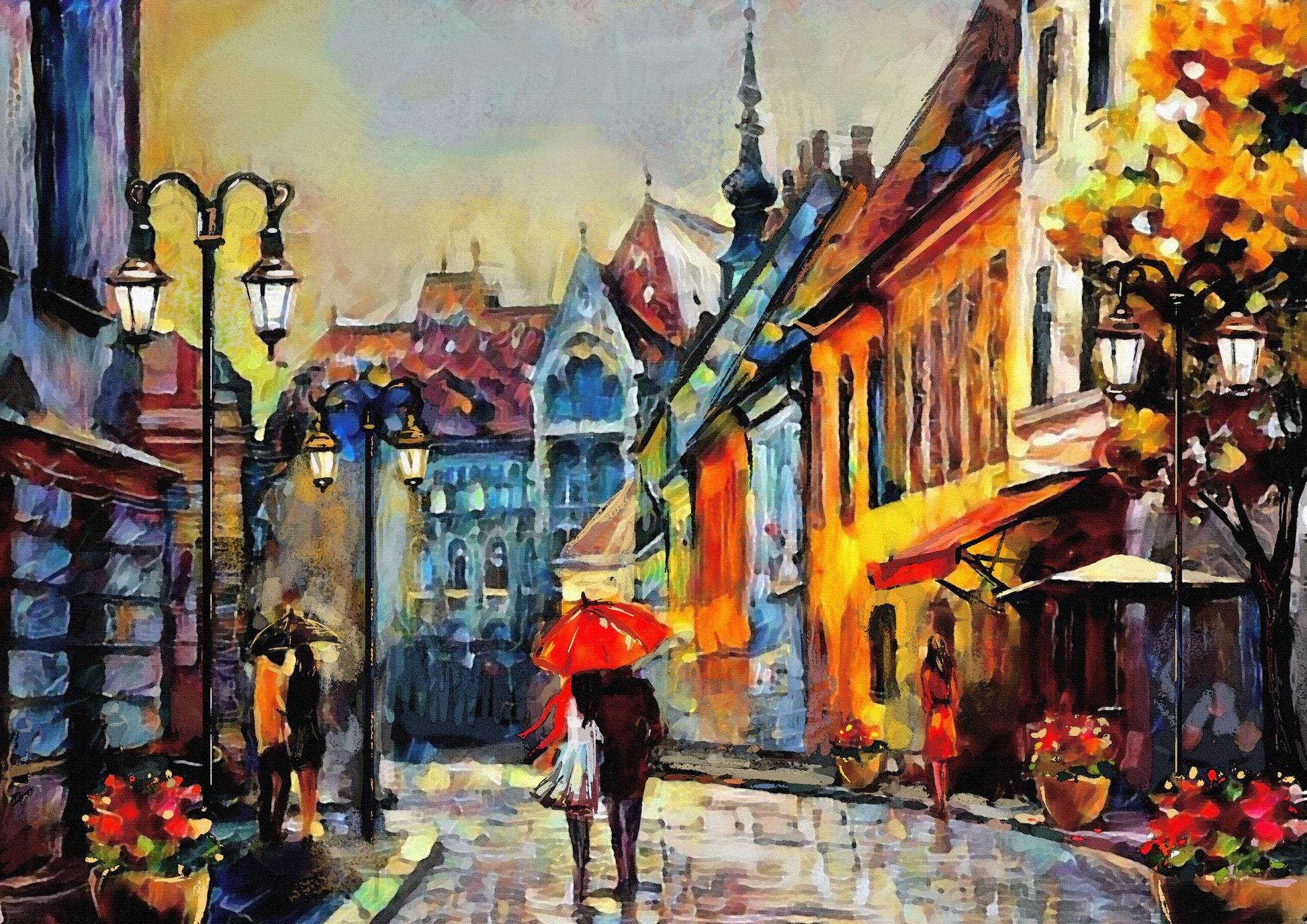 Tablou decorativ cu strada europeana si trecatori cu umbrele