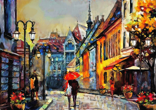 Tablou decorativ cu strada europeana si trecatori cu umbrele
