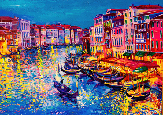 Tablou decorativ cu canal venetian si barci colorate