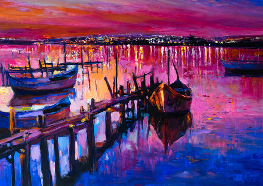 Tablou decorativ cu barci la ponton si apus in magenta