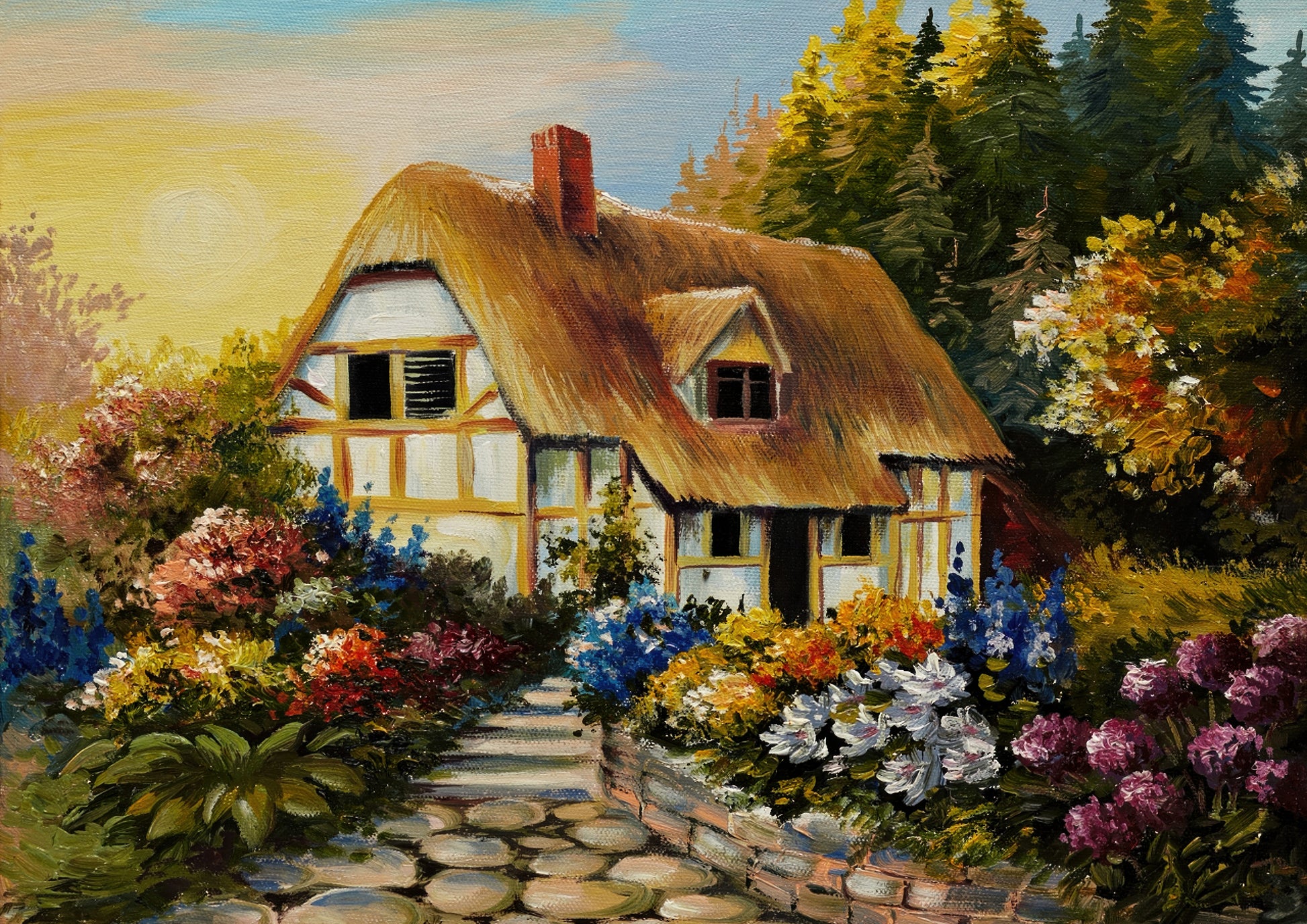 Tablou decorativ cu casuta cu acoperis de paie si gradina inflorita