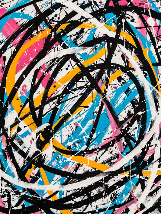 Tablou abstract expresionist multicolor cu linii negre si roz