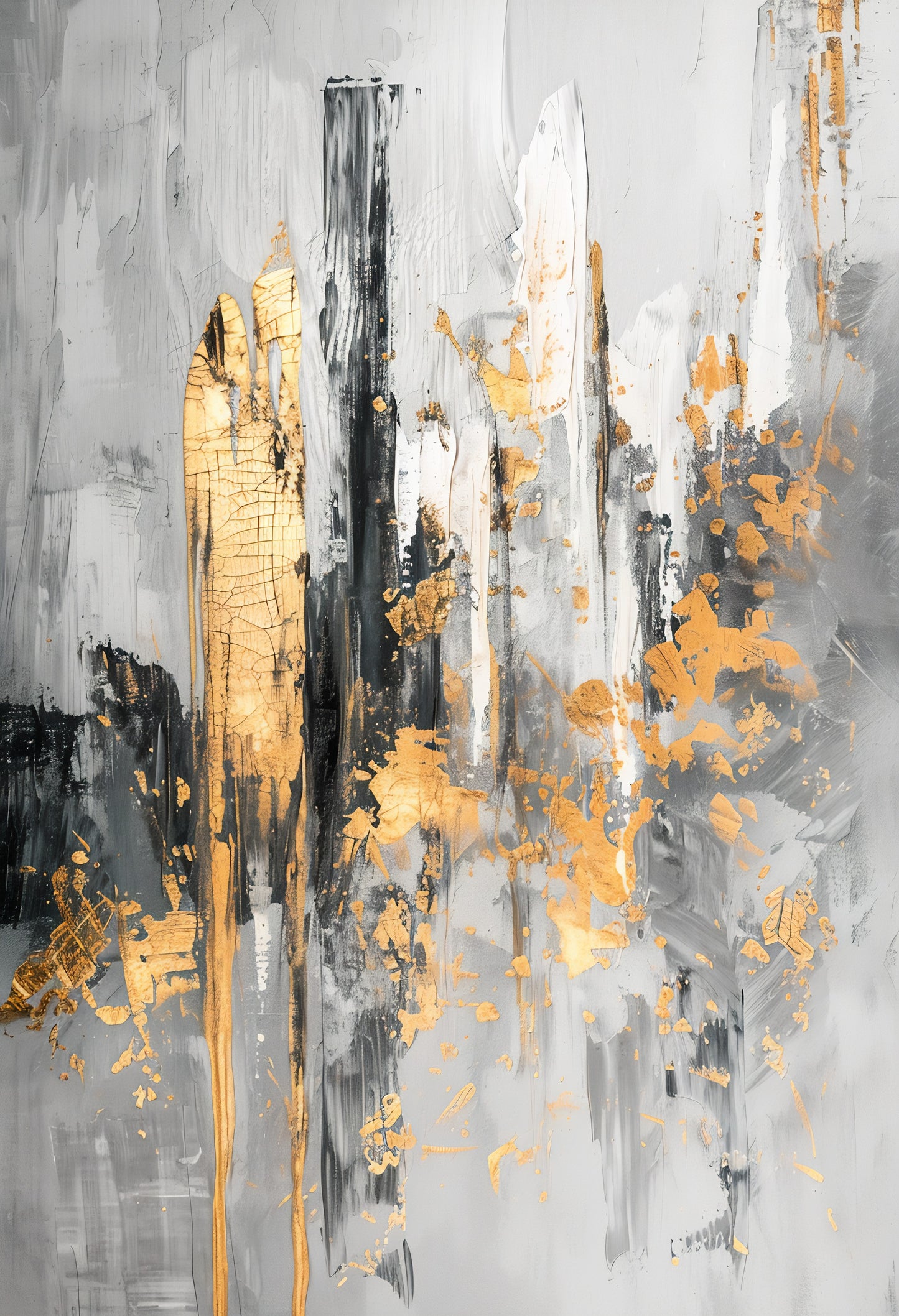 Tablou abstract gri cu foita de aur, vertical