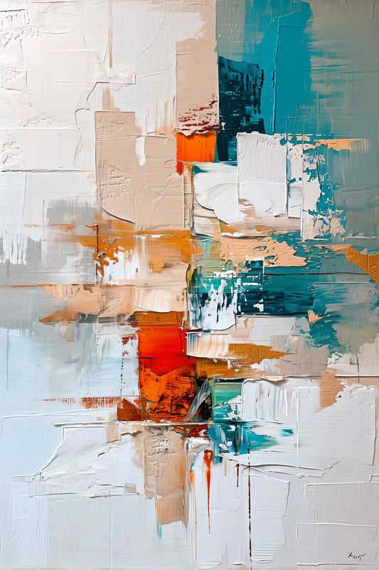 Tablou abstract impasto turcoaz si portocaliu, cutit de paleta