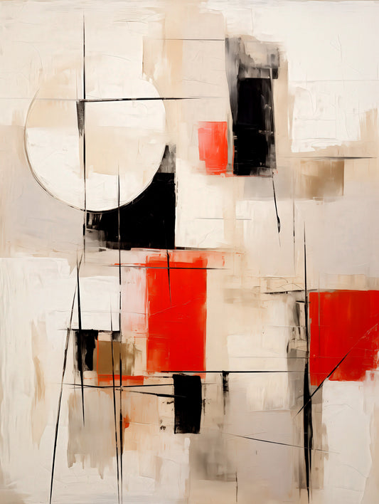 Tablou abstract geometric rosu, negru si bej, pictura in ulei