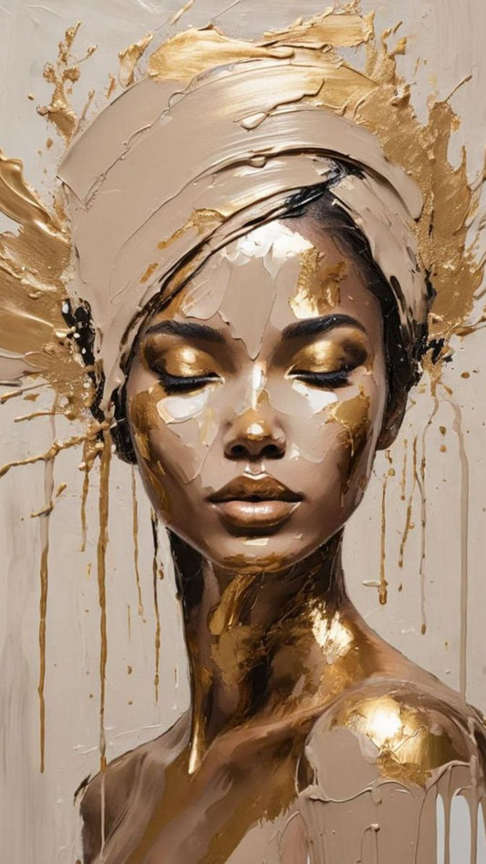 Tablou decorativ Atingerea aurului - portret femeie cu tuse aurii pe fundal crem