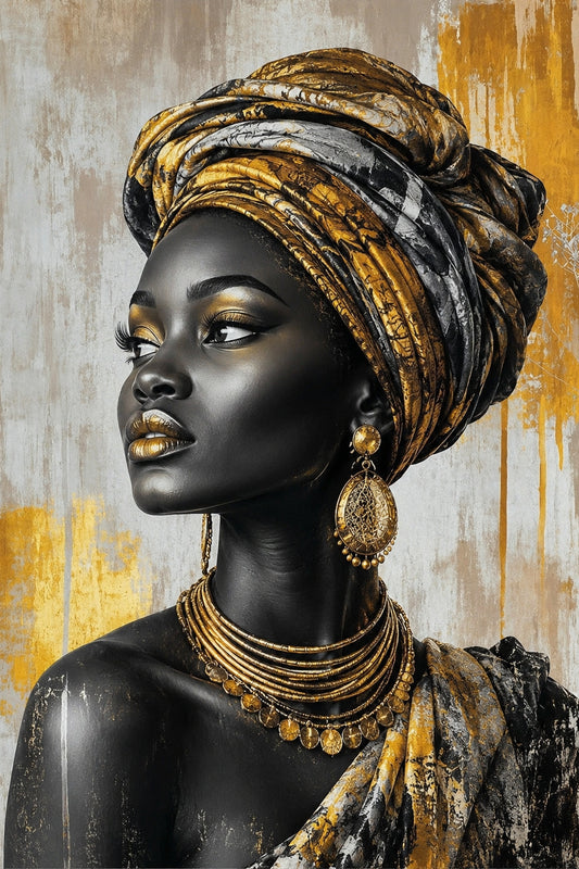 Tablou decorativ portret femeie africana cu turban auriu