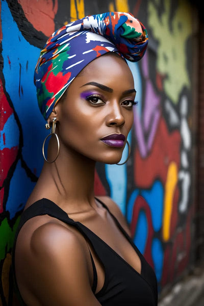 Tablou decorativ - Turban colorat pe fundal graffiti Afro 99