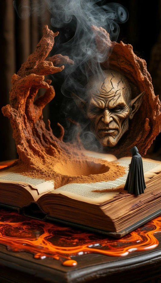 Tablou fantasy întunecat cu demon din nisip ridicându-se dintr-o carte veche