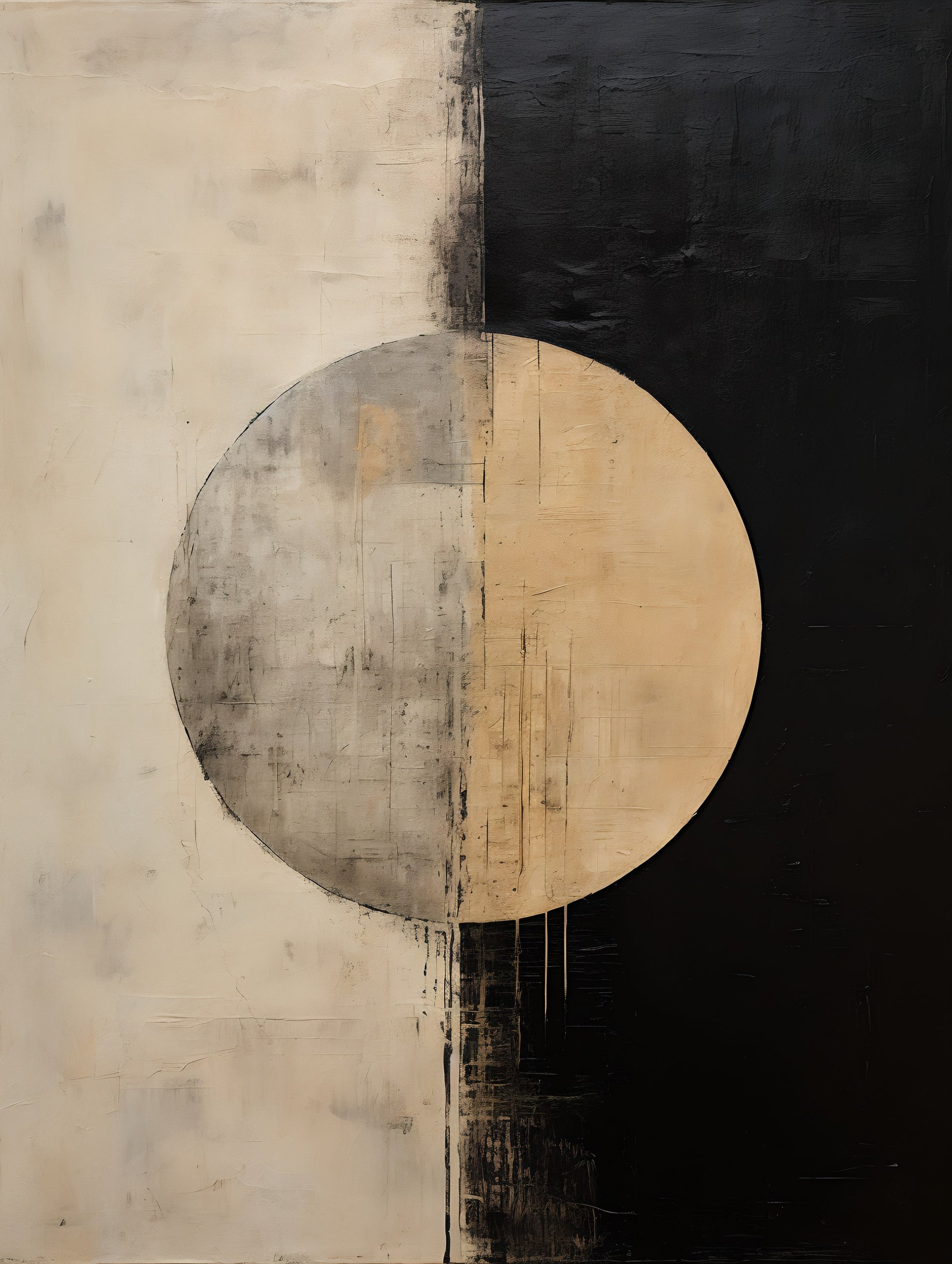 Tablou abstract minimalist cu cerc bej si negru