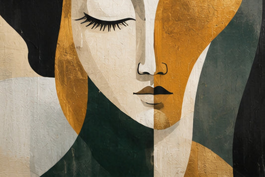 Tablou decorativ portret modern cubist chip feminin crem auriu verde