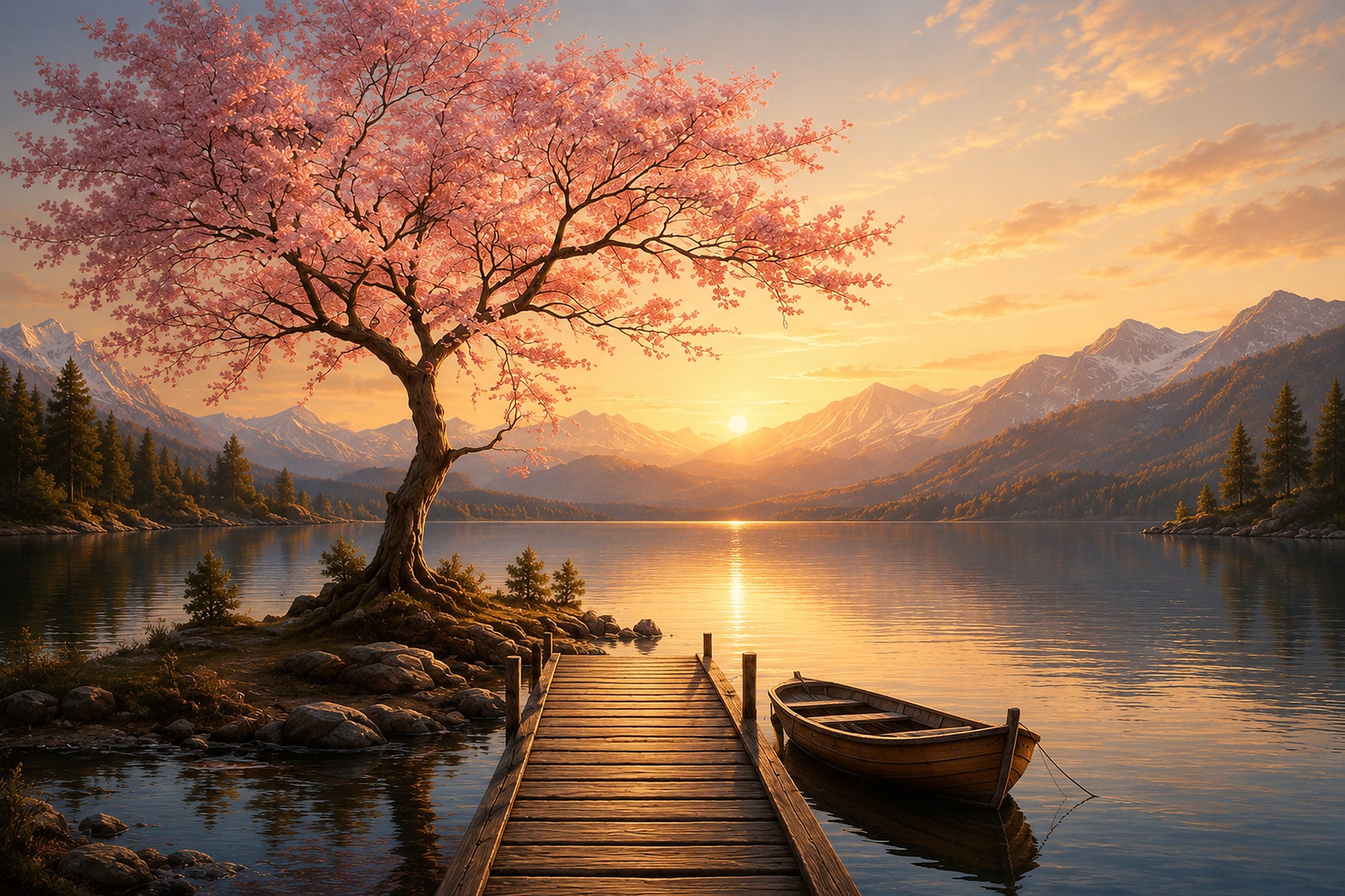 Tablou decorativ - Cireș Înflorit la Lac