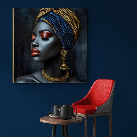 Tablou Canvas - Femeie africana cu turban auriu albastru
