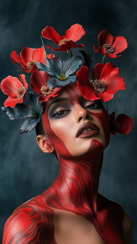 Tablou portret dramatic cu bodypaint roșu și coroană de maci roșii și flori albastre
