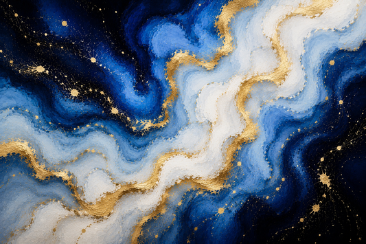 Tablou abstract Ocean cosmic - valuri albastre cosmice cu auriu