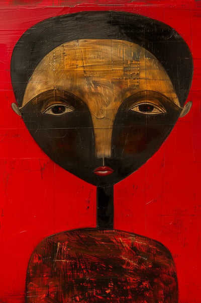 Tablou decorativ - Portret naiv pe fundal rosu Afro 58