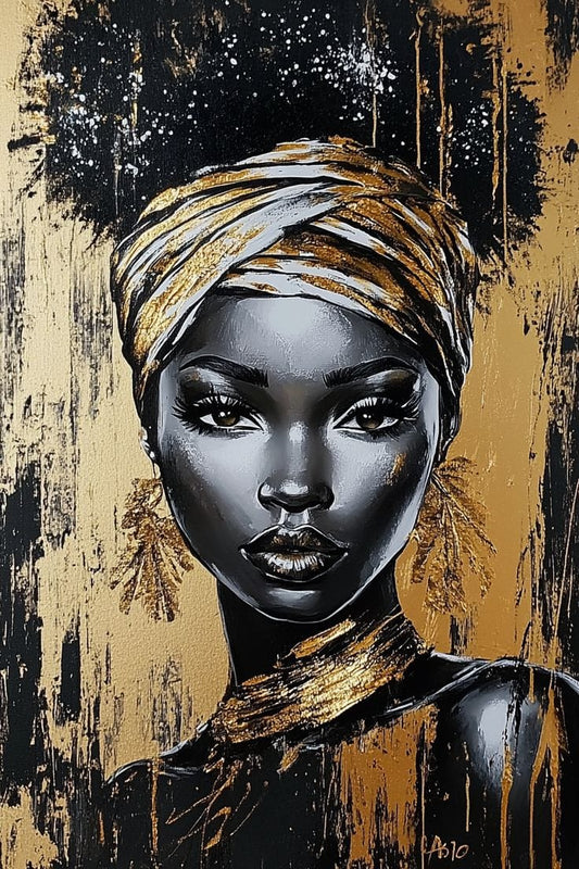 Tablou decorativ Eleganta in aur si negru - portret pictat cu turban auriu