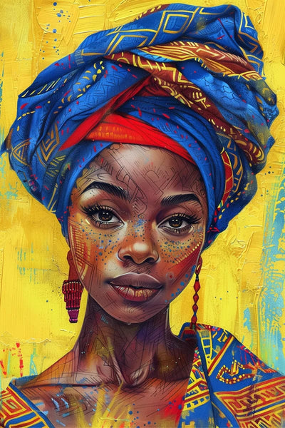 Tablou decorativ - Turban albastru pe fundal galben Afro 009