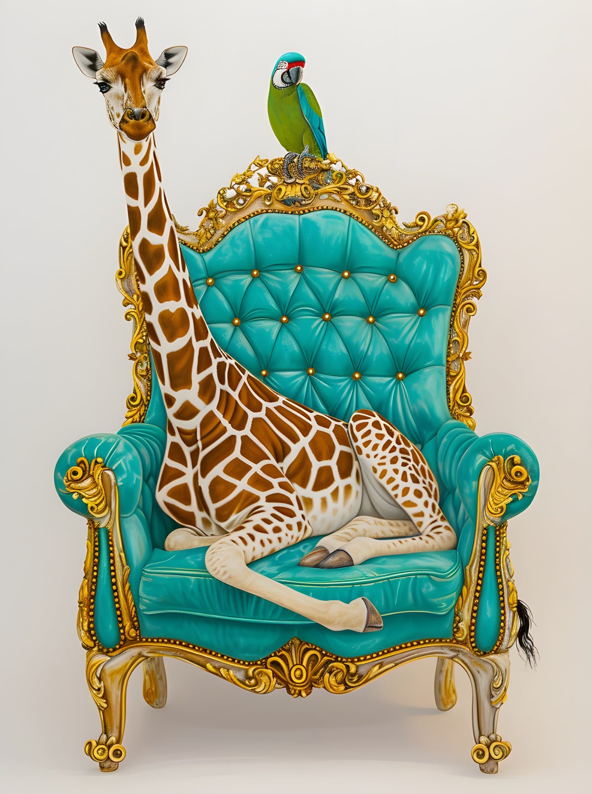 Tablou decorativ - Girafa pe fotoliul turcoaz